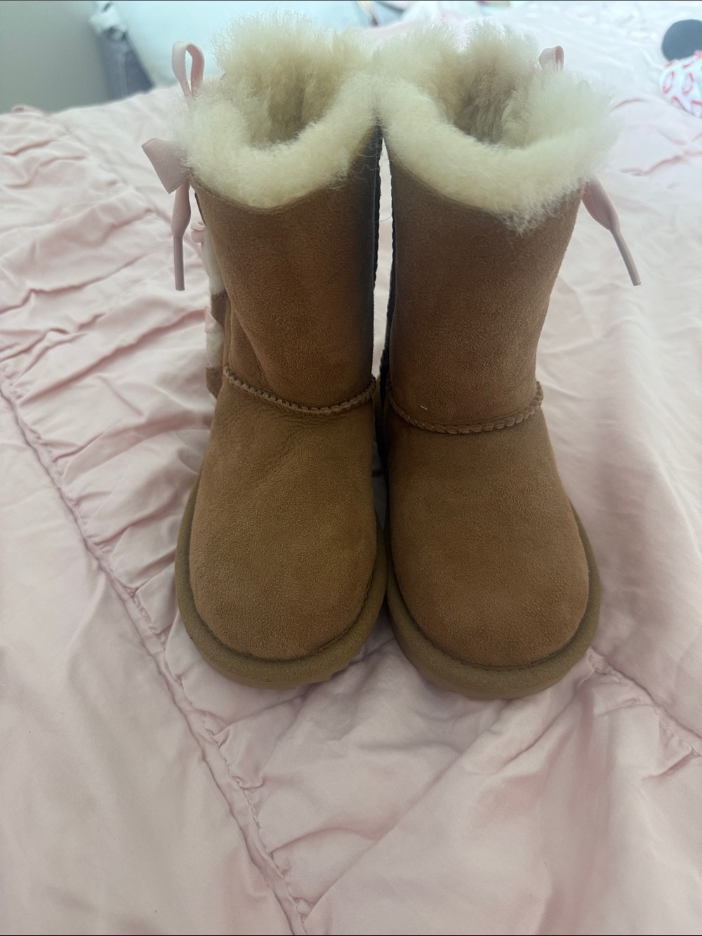 Brand new! UGG Kids Chestnut Suede Boots with Pink Bow Trim